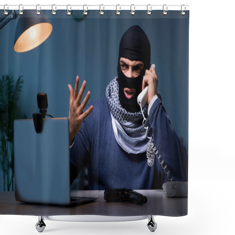 Personality  Terrorist Burglar With Gun Working At Computer Shower Curtains