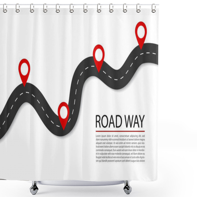 Personality  Flat Road With Pins.Highway For Route Of Journey On Isolated Background. Asphalt Street For Infographic. Design Traffic Trip Template. Winding Street With Points Banner. Design Vector Illustration Shower Curtains