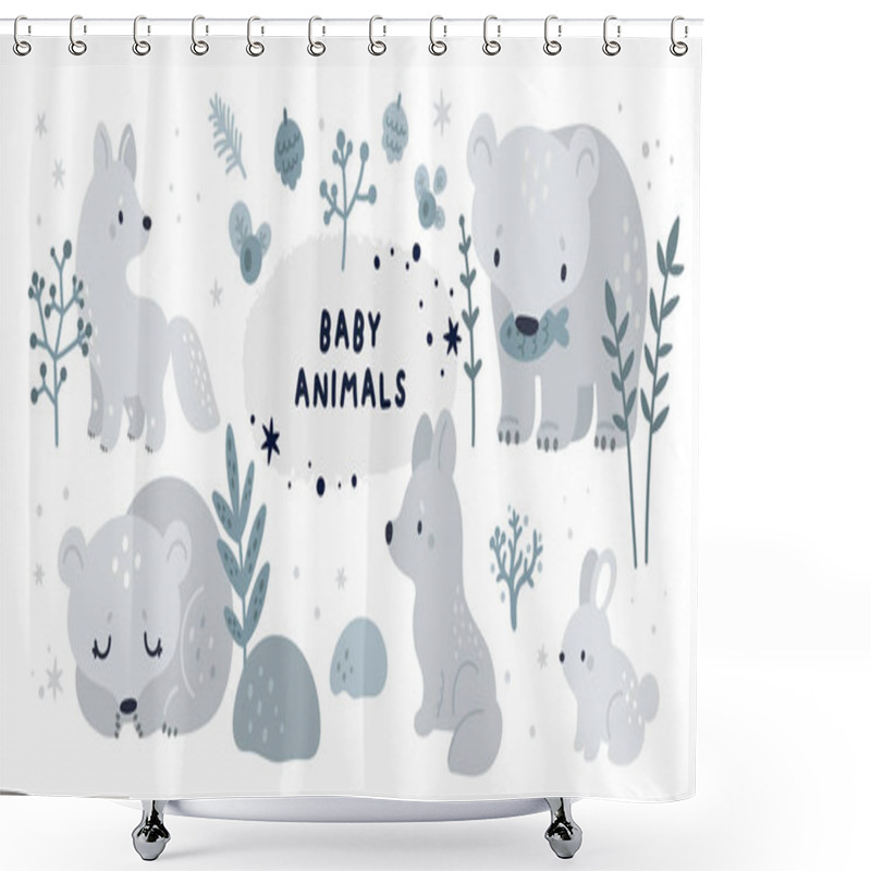 Personality  Baby Animals And Forest Plants Collection. Set With Cute Forest Animals: Bear, Rabbit, Wolf, Arctic Fox. Childish Vector Illustration Isolated On White Background Shower Curtains