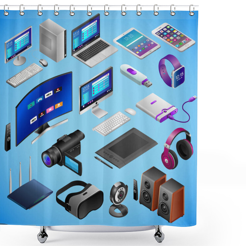 Personality  Realistic Digital Devices In Isometry On Blue Background Shower Curtains