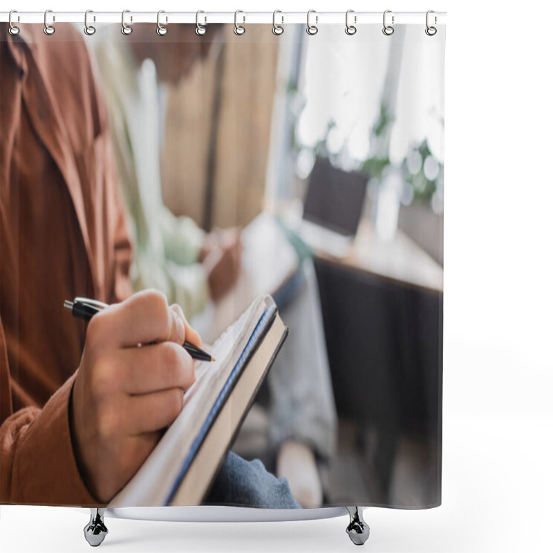 Personality  Partial View Of Student Writing In Notebook On Blurred Background Shower Curtains