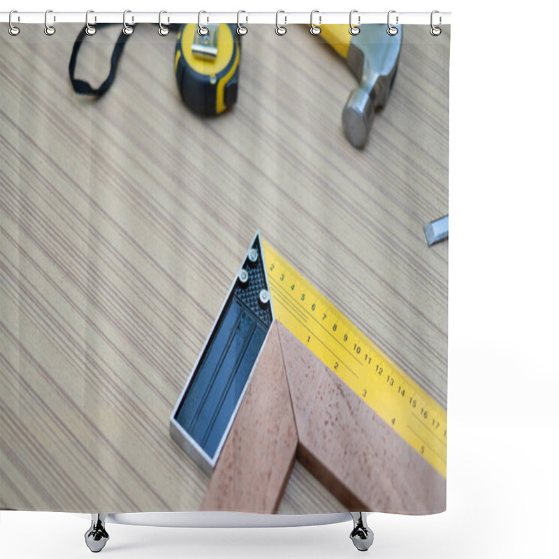 Personality  Close Up View Of Try Square To Check That The Woodworking Corners Are Square On Wooden Board Shower Curtains