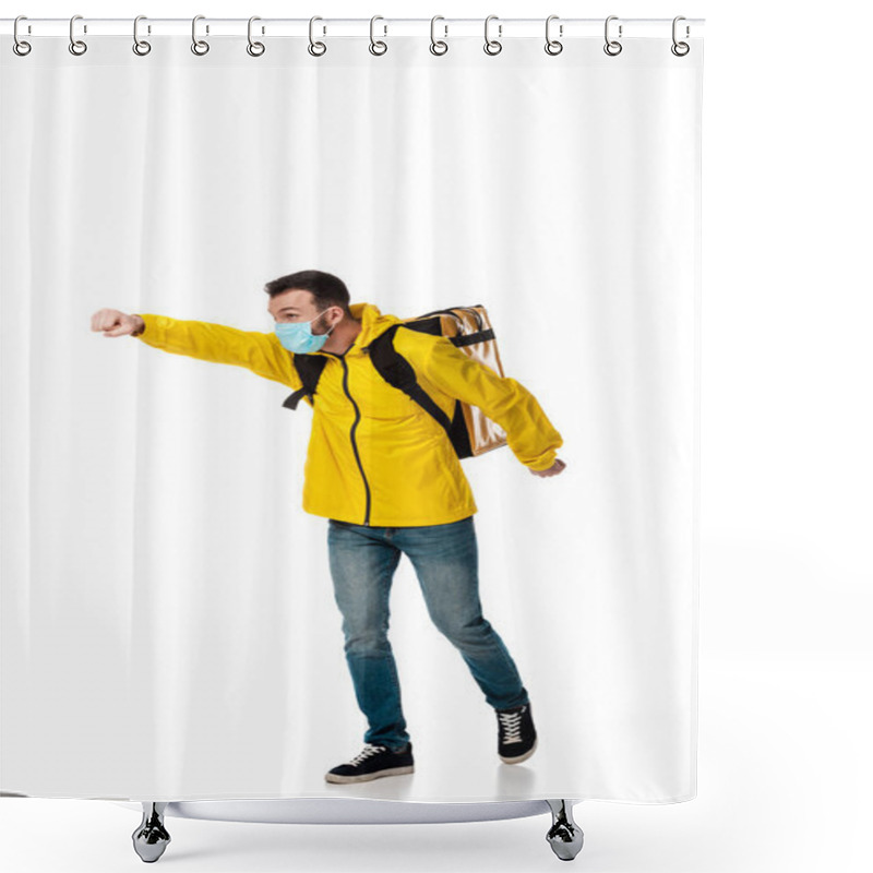 Personality  Delivery Man In Medical Mask And Backpack With Order Gesturing On White  Shower Curtains