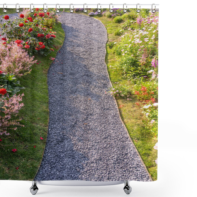 Personality  Path Leading Through A Flower Garden With Delphinium High Inflorescences Violet Flowers. Shower Curtains