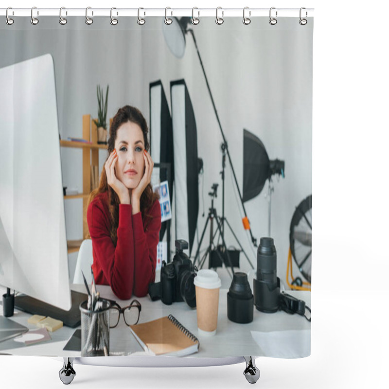 Personality  Attractive Female Photographer With Lenses, Photo Camera And Graphics Tablet In Modern Office Shower Curtains