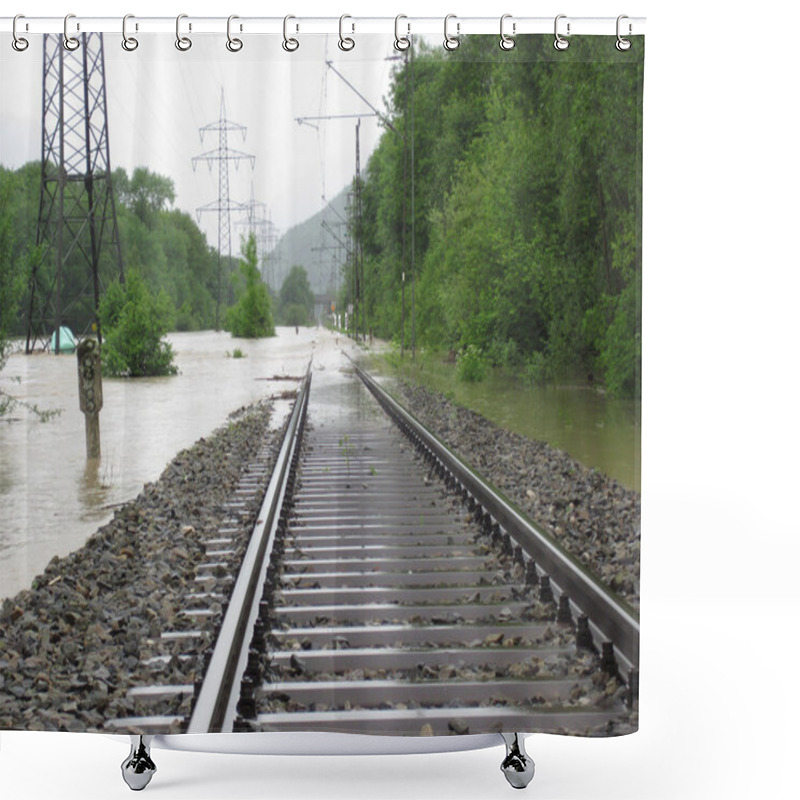 Personality  The Flooded Straight Railway Track With Timber Sleepers Shower Curtains