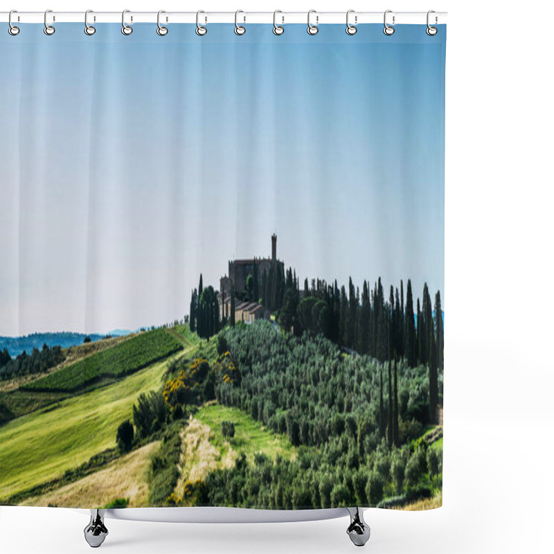 Personality  Tuscany Rural Sunset Landscape. Countryside Farm, Cypresses Trees, Green Field, Sun Light And Cloud. Italy, Europe. Shower Curtains