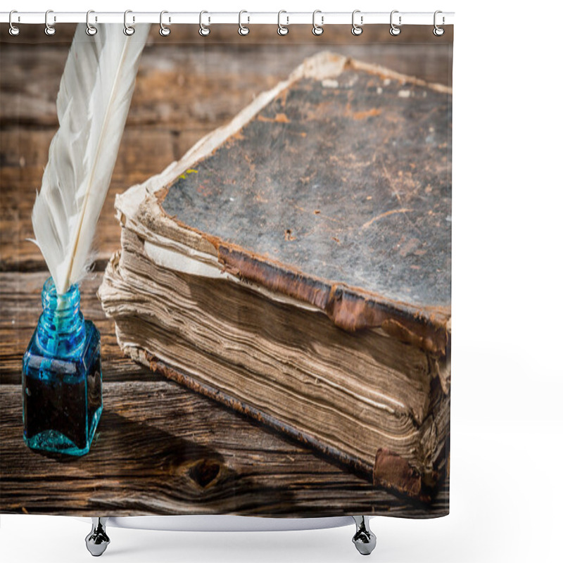 Personality  Old Big Book And Pen With Blue Ink Shower Curtains