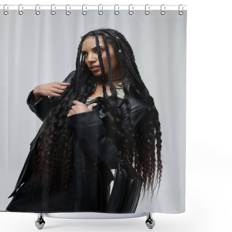 Personality  In A Studio, A Young African American Woman Poses In A Black Leather Jacket And Animal Print Top, Long Black Braids Cascading Down Her Back Shower Curtains