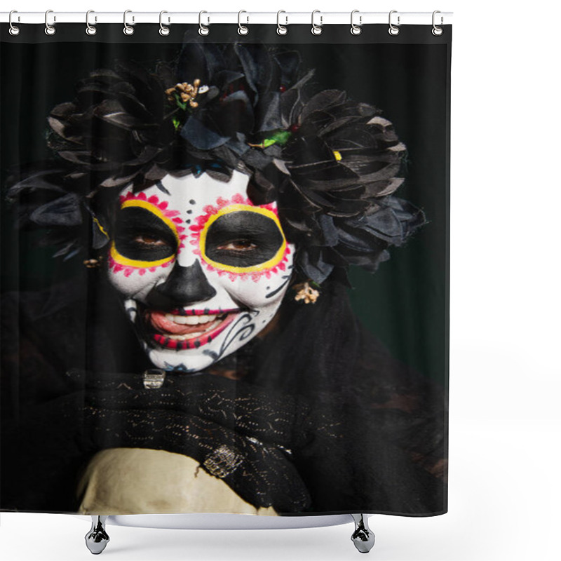 Personality  Woman In Creepy Day Of Dead Costume Sticking Out Tongue Near Skull On Dark Green Background  Shower Curtains