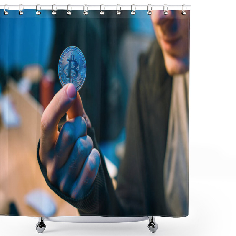 Personality  Cropped Shot Of Hacker Holding Bitcoin In Dark Room Shower Curtains