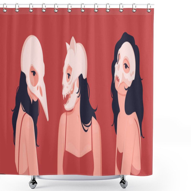 Personality  Cult Girls In The Costume Of A Magical Witch For Halloween From Coven. On The Head Is The Skull Of A Large Bird And Cat. Flat Vector Illustration Shower Curtains