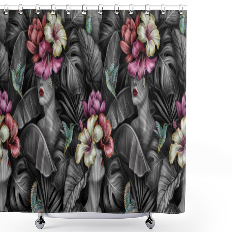 Personality  Tropical Exotic Seamless Pattern With Woman, Monstera, Hibiscus, Bromeliad, Banana Leaves, Palm, Colocasia. Hand-drawn 3D Illustration. Good For Production Wallpapers, Cloth, Fabric Printing, Goods.  Shower Curtains