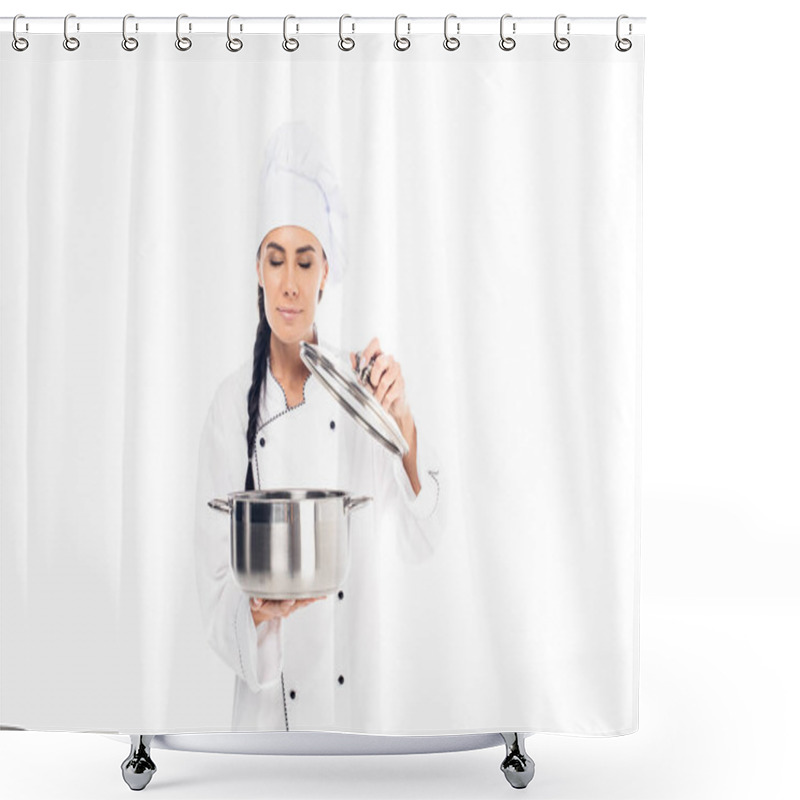 Personality  Chef In Uniform Holding Steel Pot With Closed Eyes Isolated On White Shower Curtains