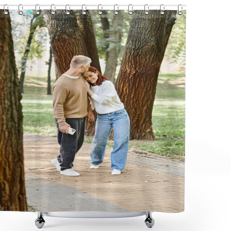 Personality  A Man And Woman In Casual Attire Stand Together In A Park, Surrounded By Nature. Shower Curtains