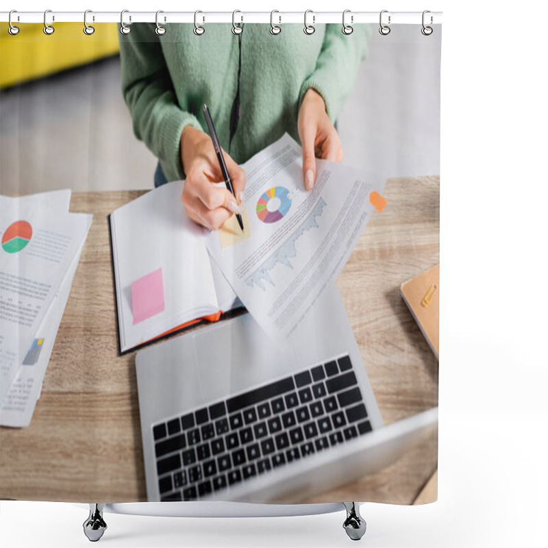 Personality  Cropped View Of Teleworker Writing On Sticky Note On Document With Charts Near Notebook And Laptop On Blurred Foreground  Shower Curtains