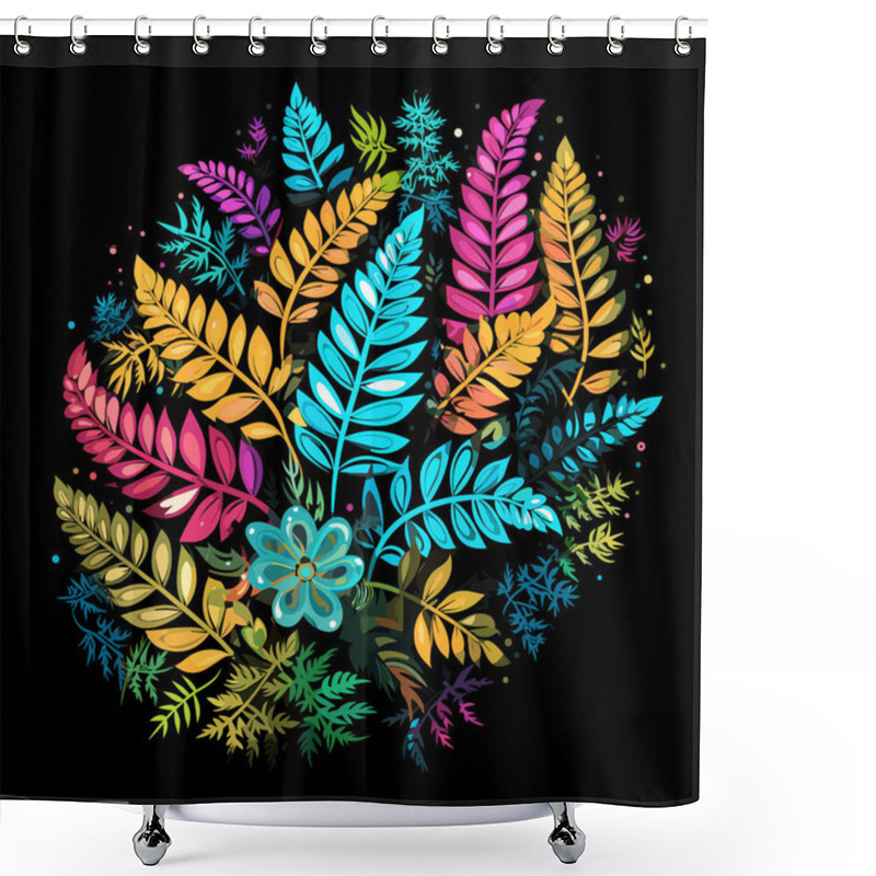 Personality  Abstract Floral Pattern Illustration Of Floral Explosion. Fern Leaves And Flowers On Dark Background In Vector Pop Art Style. Template For Poster, T-shirt, Sticker, Etc. Shower Curtains