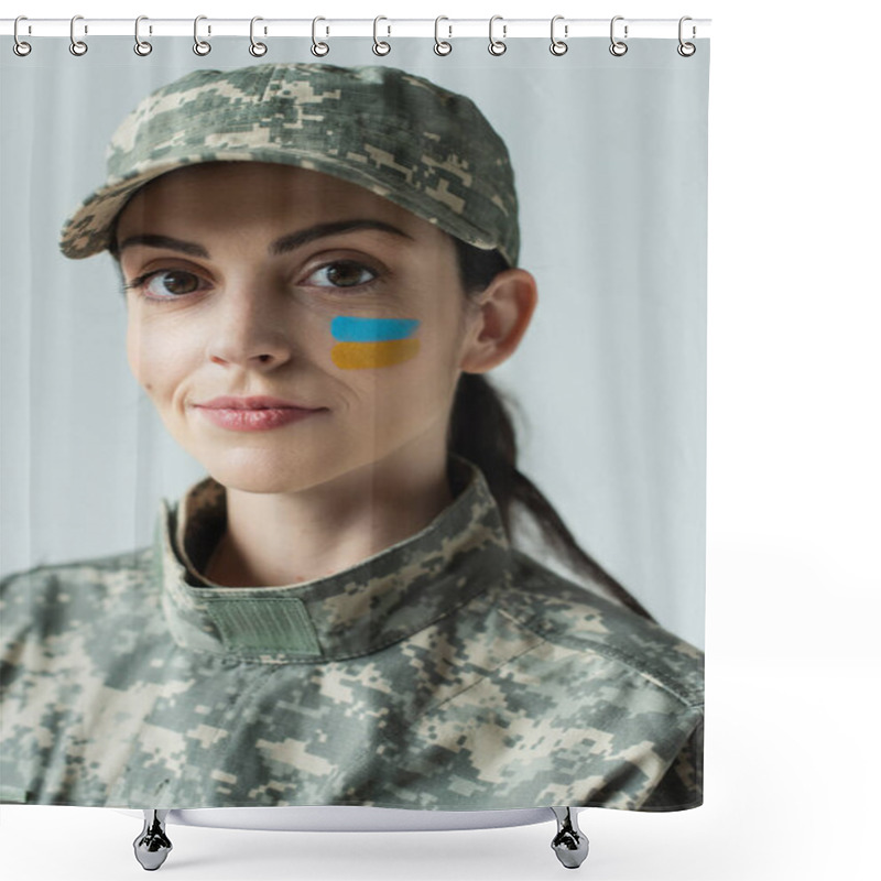 Personality  Military Woman With Ukrainian Flag Painted On Face Looking At Camera Isolated On Grey Shower Curtains