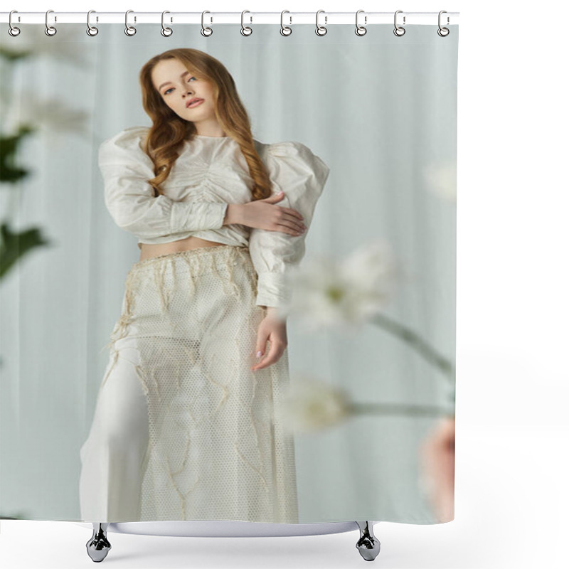 Personality  A Beautiful Young Woman Embraces Floral Beauty In A Soft, Enchanting Atmosphere. Shower Curtains