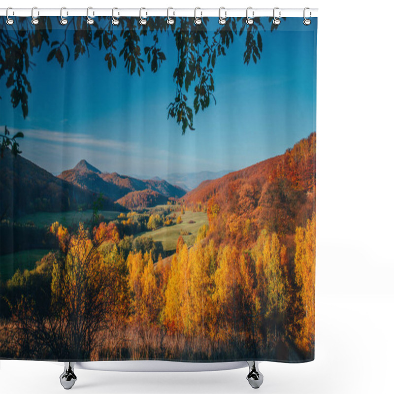 Personality  Colorful Autumn Landscape In The Mountain Village. Foggy Morning In The Carpathian Mountains. Shower Curtains