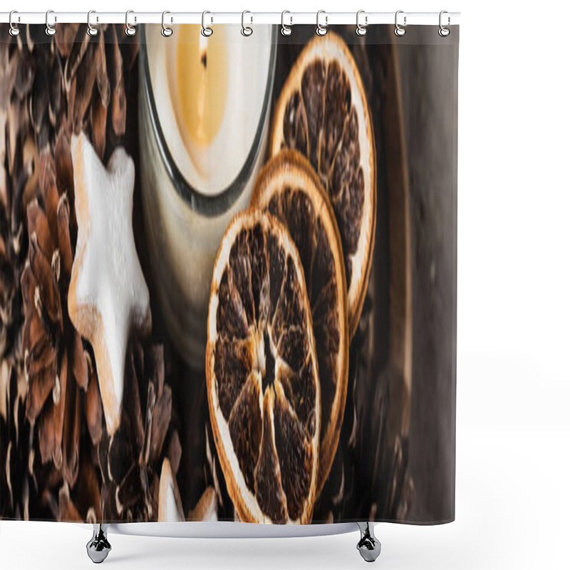 Personality  Panoramic Shot Of Scented Candle With Cookie And Pine Cones Shower Curtains