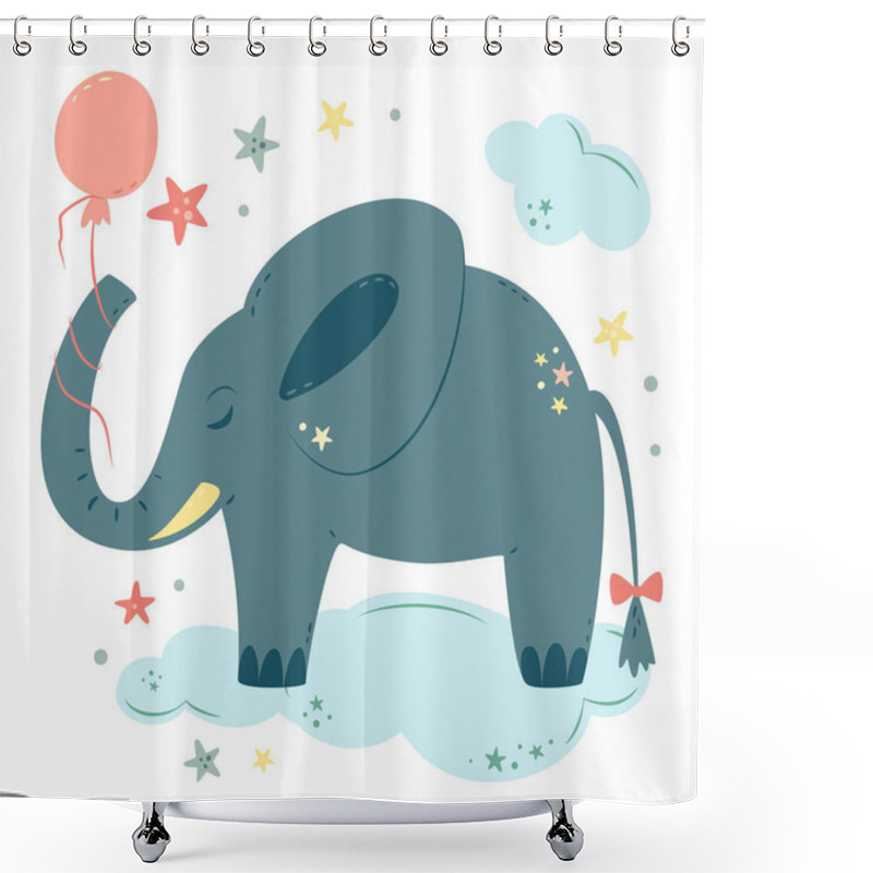 Personality  Nursery Vector Illustration In Cartoon Style. Cute Baby Elephant With Balloon Sleeps On Cloud. For Baby Room, Baby Shower, Greeting Card, Textile Print. Hand Drawn Nursery. Shower Curtains