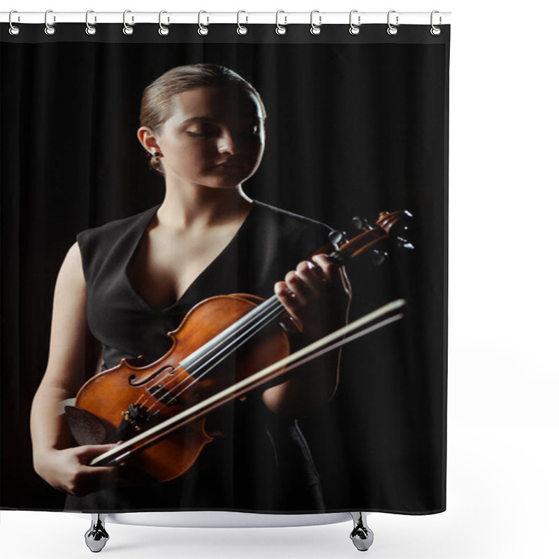 Personality  Beautiful Professional Musician Holding Violin Isolated On Black Shower Curtains