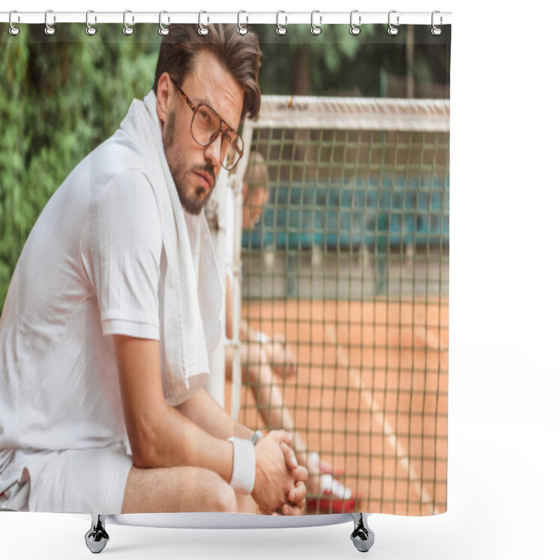 Personality  Handsome Tired Sportsman With Towel Resting On Chair On Tennis Court  Shower Curtains