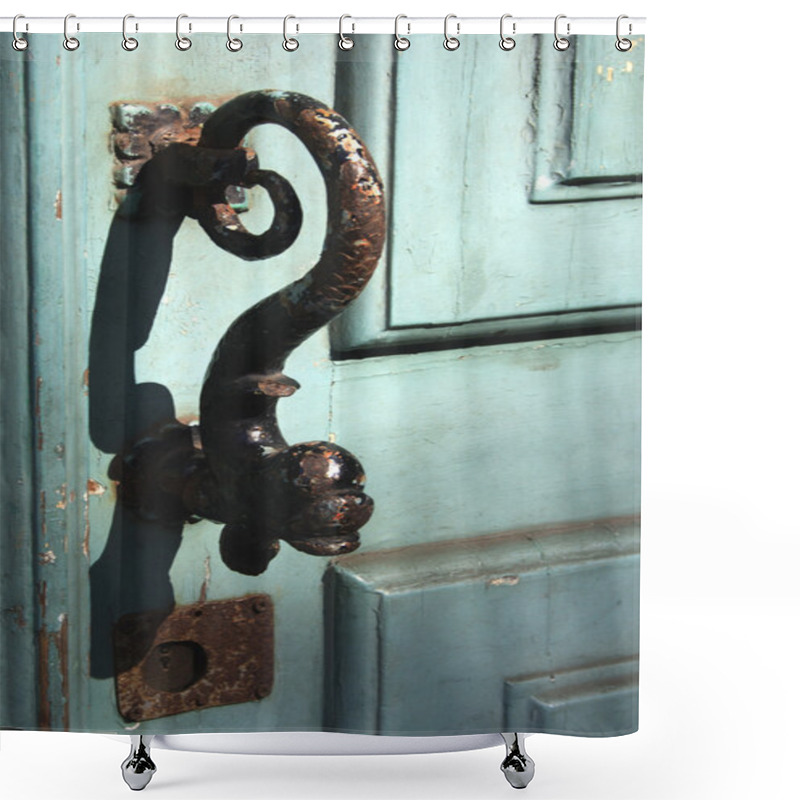 Personality  Door Handle On A Closed Solid Wood Door Shower Curtains