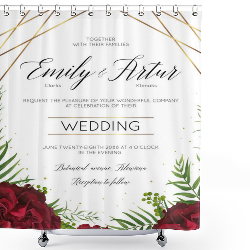 Personality  Wedding Floral Invite, Invitation Save The Date Card Design With Burgundy Red Garden Rose Flowers, Tropical Palm Leaves, Ferns, Berries & Elegant Golden Geometrical Decoration. Vector, Modern Template Shower Curtains