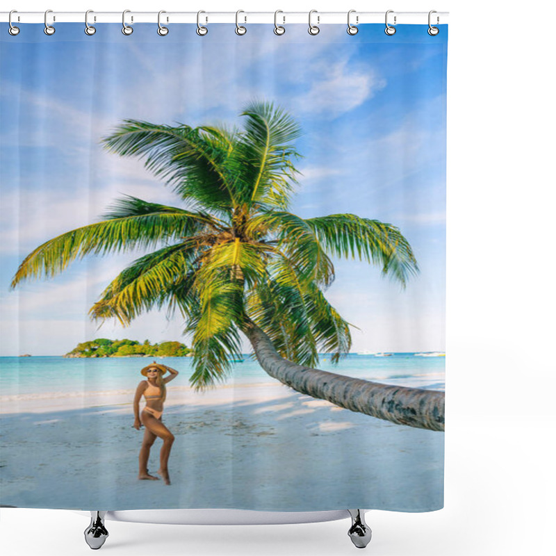 Personality  Woman Enjoys A Tropical Beach In Seychelles. Blue Sky And Sunny Day At Maldives Beach. Rear View Full Length Shot Shower Curtains