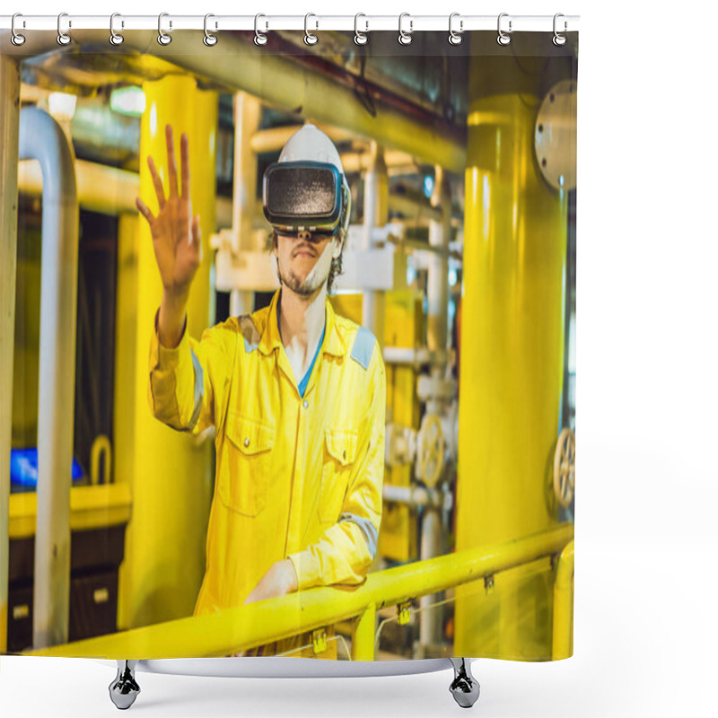 Personality  Young Woman In A Yellow Work Uniform, Glasses And Helmet Uses Virtual Reality Glasses In Industrial Environment, Oil Platform Or Liquefied Gas Plant Shower Curtains