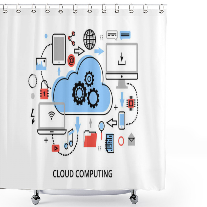 Personality  Modern Flat Thin Line Design Vector Illustration, Concept Of Cloud Computing Technologies, Protect Computer Networks And Remote Data Storage Shower Curtains