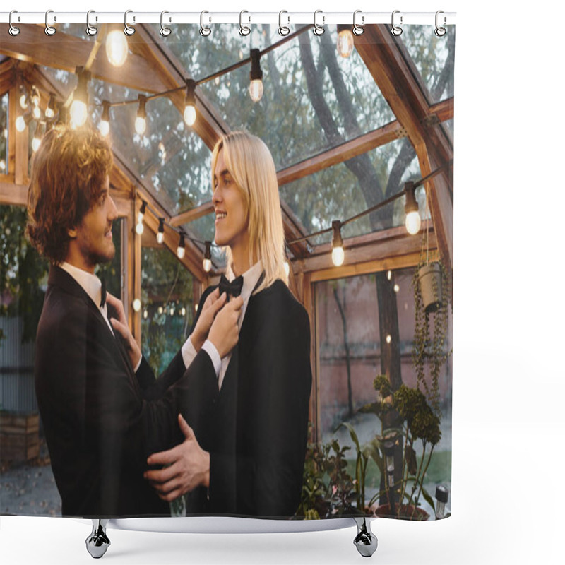 Personality  In A Charming Greenhouse Adorned With Fairy Lights, A Young Couple Enjoys A Playful Moment As One Adjusts The Others Bow Tie. Shower Curtains