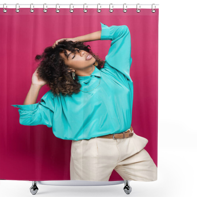 Personality  Brunette African American Woman With Closed Eyes Touching Hair And Posing Isolated On Pink Shower Curtains