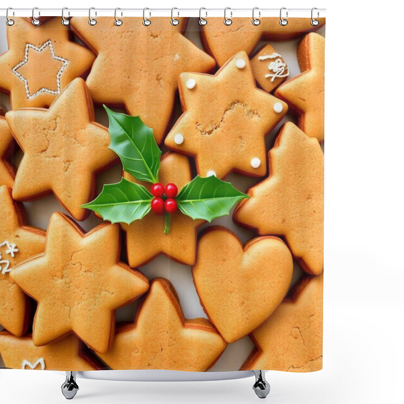 Personality  Holiday Cheer: Festive Gingerbread Cookies With Holly Arrangement Shower Curtains