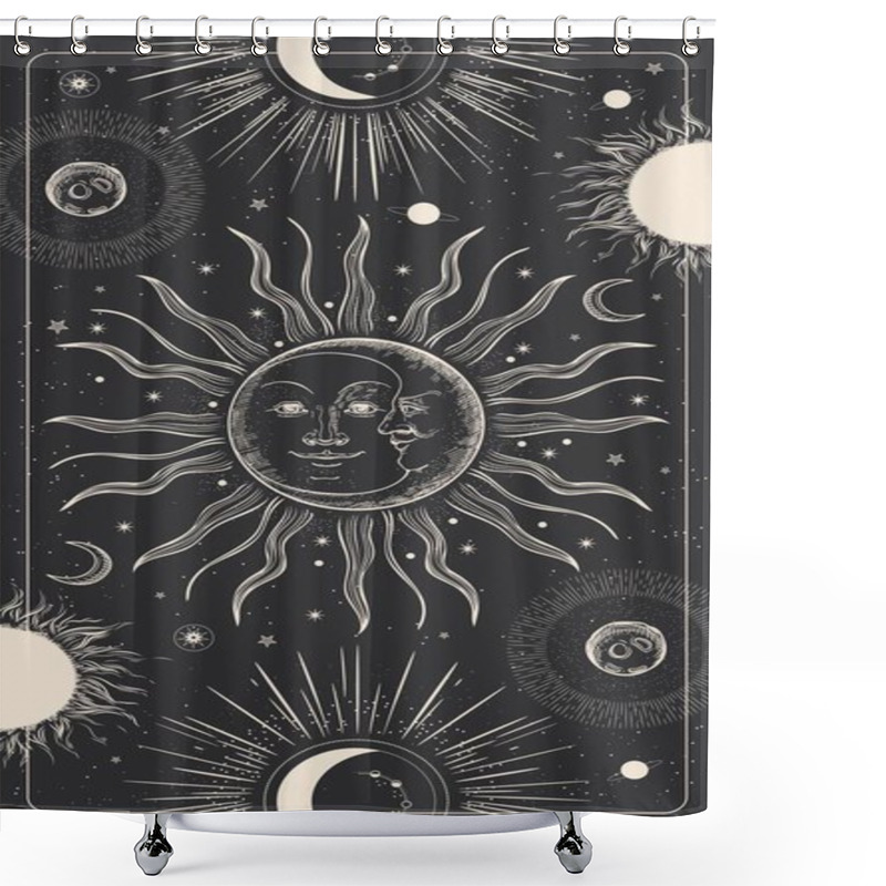 Personality  Magic Drawing With The Face Of The Sun And Moon. Tarot Card, Astrological Illustration. Shower Curtains