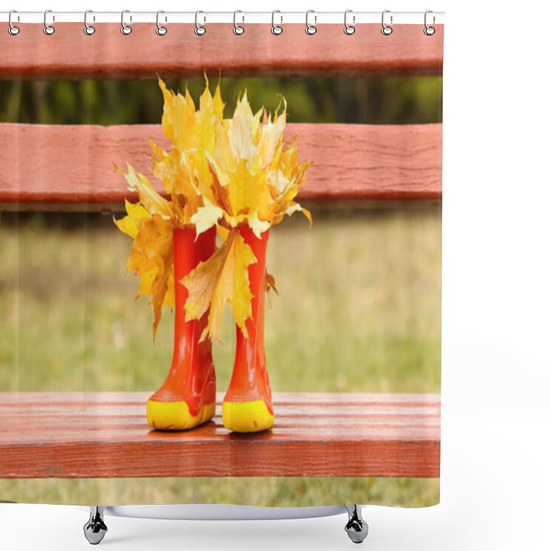 Personality  Pair Of Rubber Boots With Golden Autumn Leaves On Bench Shower Curtains