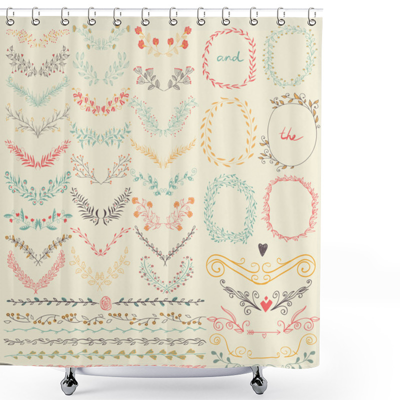 Personality  Big Collection Of Hand Drawn Floral Graphic Design Elements And Lines Border In Retro Style. Pastel Backdrop. Shower Curtains