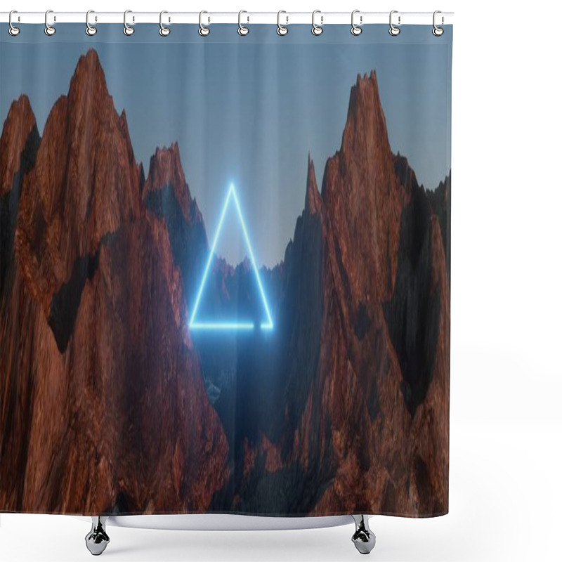 Personality  Beautiful Minimalistic Fantastic Landscape. Bright Blue Neon Triangle Among The Mountains Against The Background Of A Rotating Night Starry Sky. 3d Illustration Shower Curtains