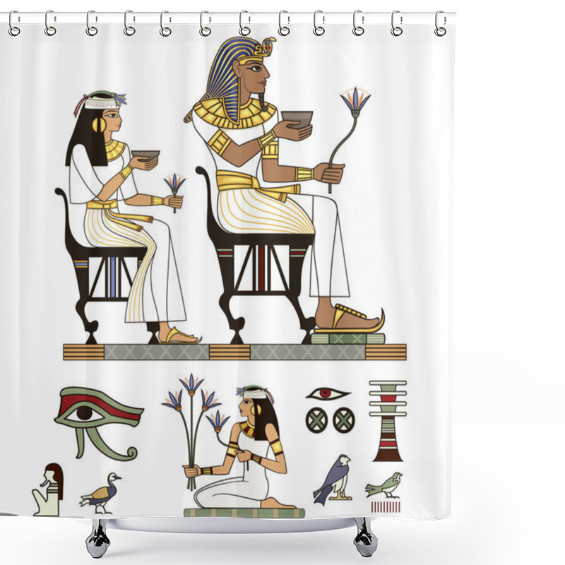 Personality  Egyptian Hieroglyph And Symbol Ancient Culture Sing And Design Element.Pharaohs And Gods Colorful Vector.Egypt Icons Set. Shower Curtains