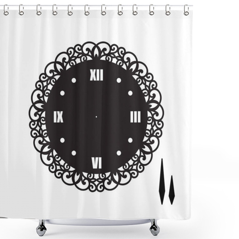 Personality  Simple Clock Face With Roman Numerals. Vector Template Of Silhouette. Dial For Laser Cut, Wood Carving, Die Cut Pattern. Illustration Isolated On White Background. Openwork Stencil With Lace Ornament. Shower Curtains