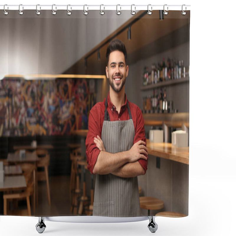 Personality  Young Male Business Owner Standing In His Cafe. Space For Text Shower Curtains