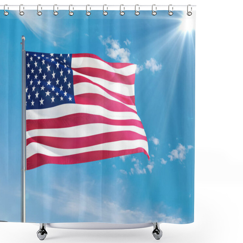 Personality  United States National Flag Waving In The Wind Against Deep Blue Sky. High Quality Fabric. International Relations Concept. Shower Curtains