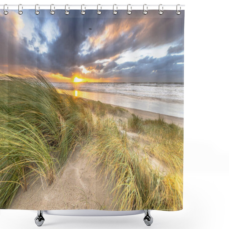 Personality  Dune Landscape Under Cloudy Autumn Sky. Dark Clouds Blowing Over Setting Sun. Wijk Aan Zee, North Holland. Netherlands. Marine Landscape Of Nature Of Europe. Shower Curtains