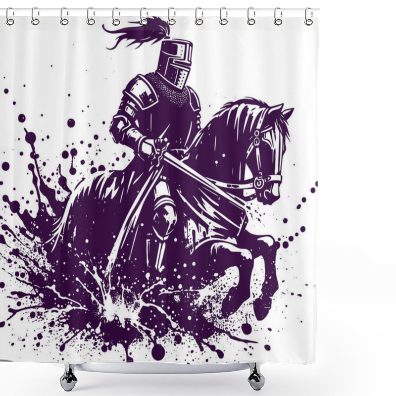 Personality  An Ancient Knight In Armor Gallops On A Horse Drawing His Sword Abstract Vector Stencil Drawing Shower Curtains