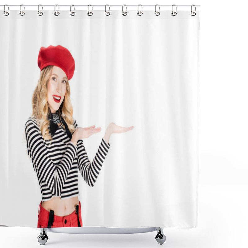 Personality  Attractive Woman In Red Beret Showing Something Isolated On White  Shower Curtains