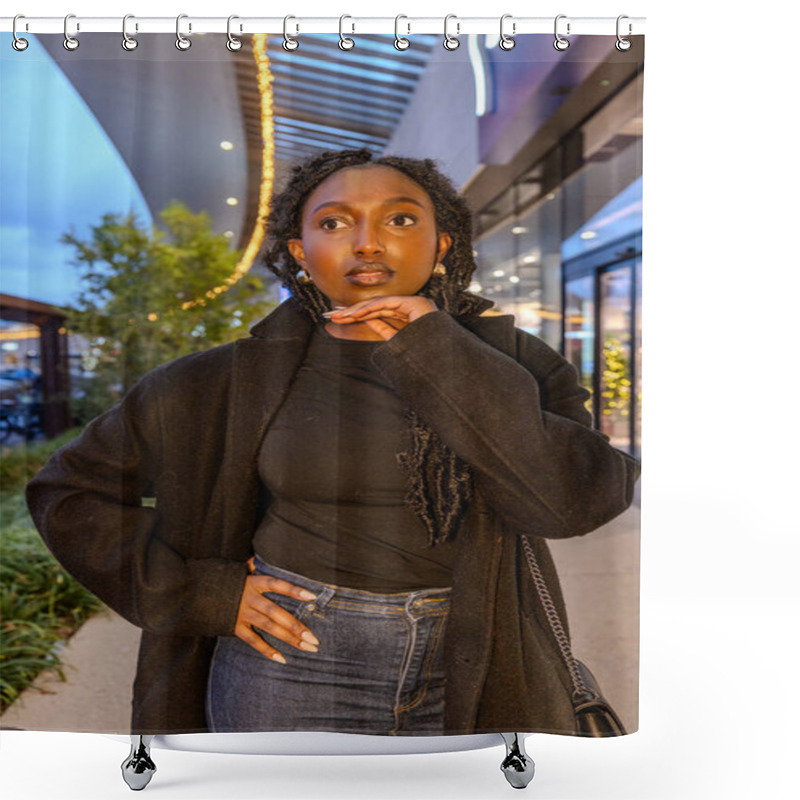 Personality  This Image Captures A Young Black Woman In A Moment Of Contemplation, Her Gaze Directed Upwards As If Pondering A Profound Thought Or Decision. The Urban Evening Serves As A Luminous Backdrop, With A Shower Curtains