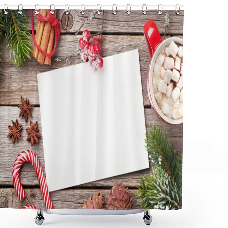 Personality  Christmas Candy Canes, Pine Cones And Snowy Fir Tree On Wooden Table Shower Curtains