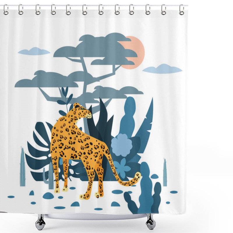 Personality  Cute Leopard, Plant And Tree Background, Graphic Trend Style, Animal Predator Mammal, Jungle. Vector, Illustration, Isolated Cartoon Style Shower Curtains